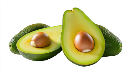 Fresh avocado halves with smooth green flesh and brown seeds, surrounded by whole avocados, create vibrant and healthy food display
