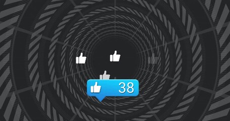 Animation of thumbs-up icons and notifications swirling in geometric tunnel pattern - Powered by Adobe