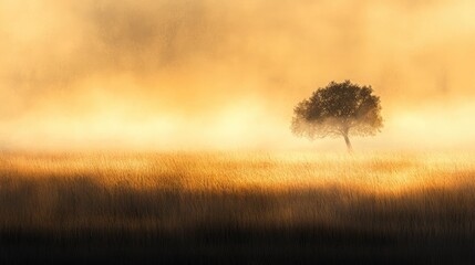 Solitary Tree in Golden Mist: A Sunrise Landscape