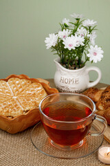 Delicious homemade waffle. Waffle and tea on the table. Homemade breakfast