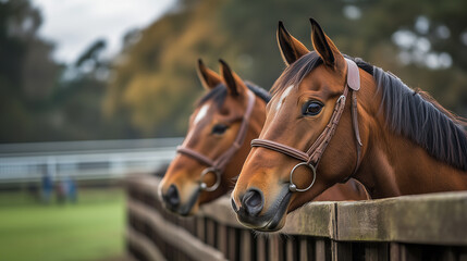 Horses stand at the fence in a tranquil pasture during a cloudy day near the stable Generative AI