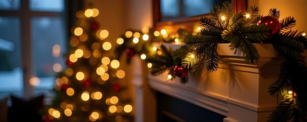 Obraz premium Garland draped with twinkling lights on a mantel, festive, fireplace, mantel