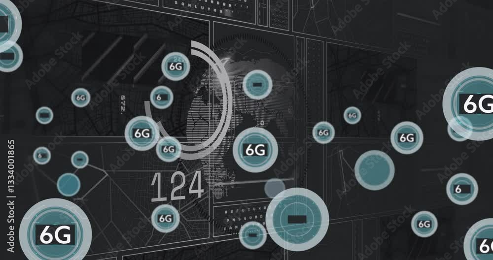 Poster animation of 6g technology symbols floating over abstract digital data patterns