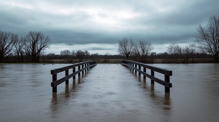 Naklejka premium Flooded bridge under cloudy sky in moody landscape