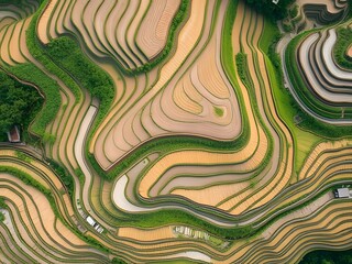 Aerial View of Lush Green and Golden Rice Terraces in Rural Landscape.