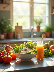 A bright, airy kitchen scene with a beautiful arrangement of colorful organic vegetables and fruits on a gray table
