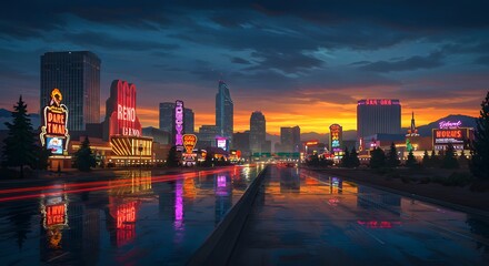 Reno Nevada Skyline at Sunset with Colorful Reflections on Wet Road