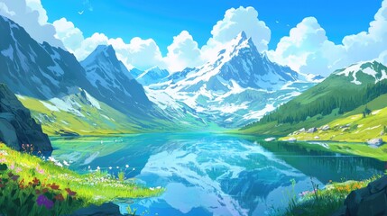 Fototapeta premium Serene Mountain Lake Reflection: A Digital Painting of Tranquil Alpine Scenery