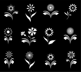 Set of White Flowers Icons on Black Background.