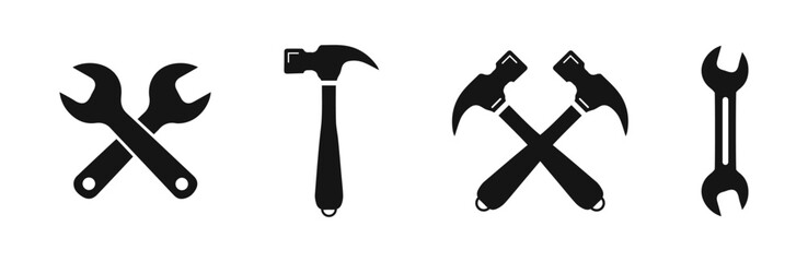 Silhouettes of Wrenches and Hammers Vector Flat Icons Set