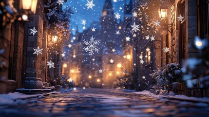 Obraz premium Enchanted Winter Night: A Snowy Cobblestone Street in a Fairytale Village