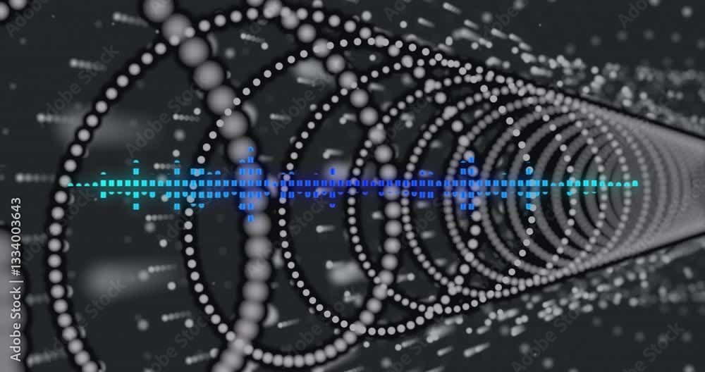 Poster dynamic sound wave animation with blue equalizer over spiraling white dots