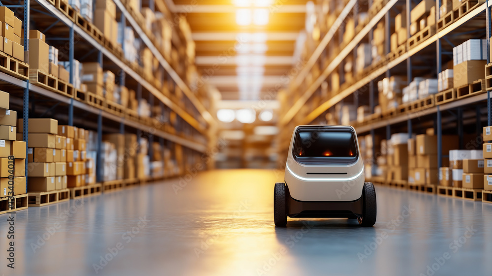 Aufkleber robot delivery vehicle navigates through warehouse filled with stacked boxes, showcasing advanced te