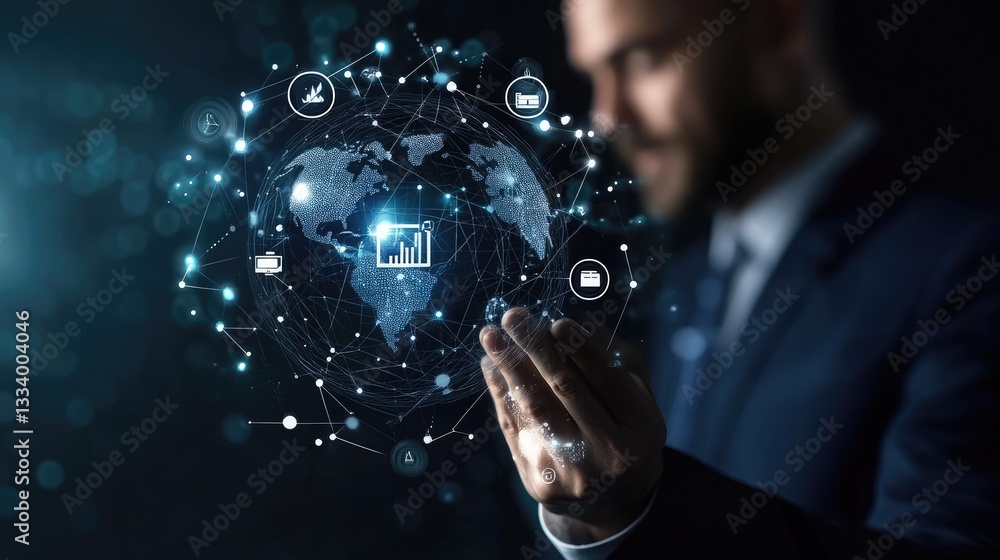 Poster global network businessman holding digital world map with data analytics and financial icons