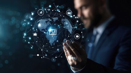 Global Network Businessman Holding Digital World Map with Data Analytics and Financial Icons