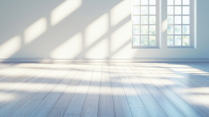 Bright and airy interior space with wooden floor and large windows casting shadows. natural light creates warm and inviting atmosphere, perfect for relaxation or creativity