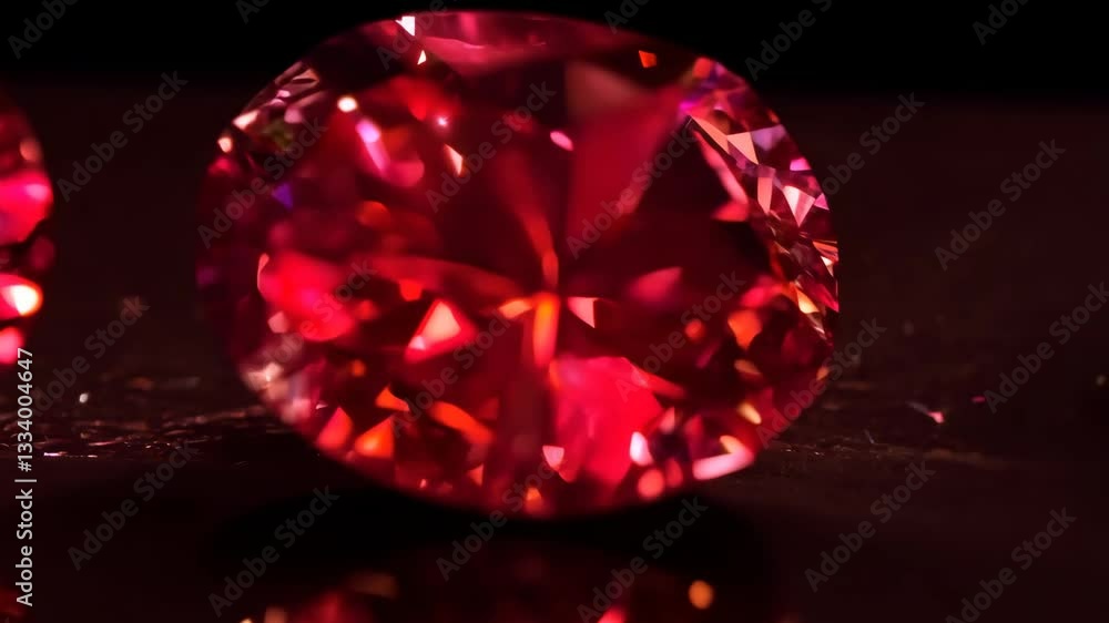 Poster A red diamond is on a black surface. The diamond is shiny and has a red hue. It is the center of attention in the image