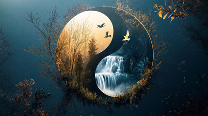 Yin yang symbol with waterfall and trees in natural setting