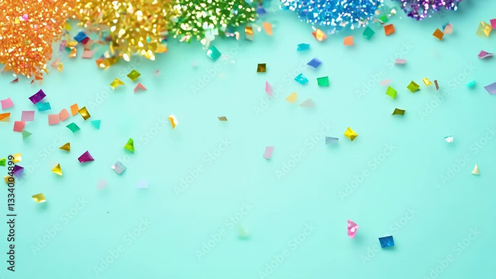 Poster a blue background with a rainbow of colored glitter. the glitter is scattered all over the backgroun