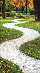 Obraz premium Curvy pathway through a garden leading into the trees; nature walk background
