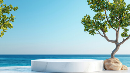 serene outdoor scene featuring white round podium surrounded by lush greenery and clear blue sky. tranquil ocean view enhances peaceful atmosphere