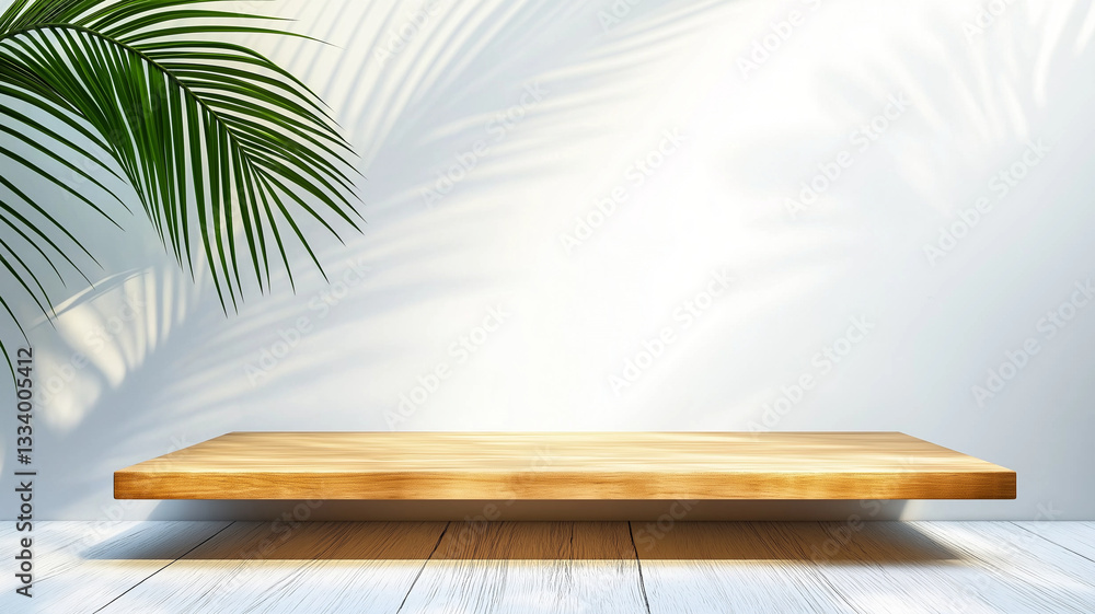 Poster wooden shelf rests against white wall, illuminated by soft shadows from palm leaf. serene setting cr