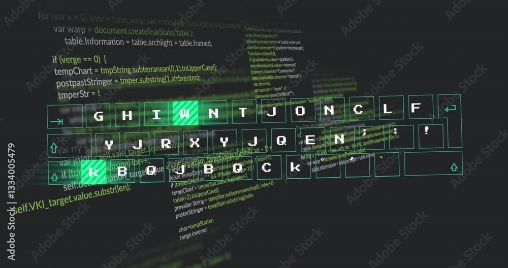 Poster animation of green digital keyboard overlaying programming code on dark background