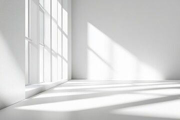 Fototapeta premium Sunlight streams into a minimalist white room illuminating the floor and walls, creating a serene atmosphere,