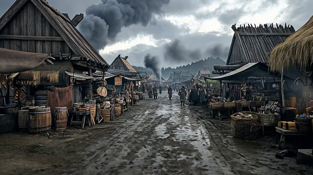 A Medieval Marketplace Set Against the Backdrop of Smoky Skies Above