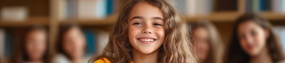 Naklejka premium A young girl with developmental disability reading aloud to her peers in a cozy setting. Generative AI