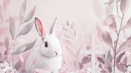 Obraz premium A subtle design featuring a bunny and a cross side by side, surrounded by pastel-colored leaves and delicate floral accents, blending Easter symbolism with gentle elegance