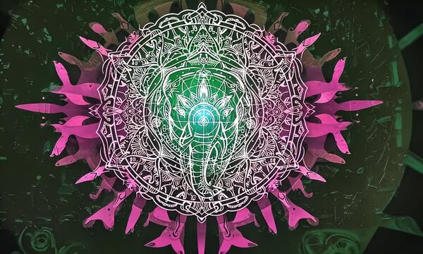 A stylized mandala featuring an elephant at the center with detailed ornamental patterns and vibrant colors.
