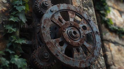 a close-up of an ornate cast-iron well crank and gear mechanism, rusted with time, set against a backdrop of ivy-covered stone walls.