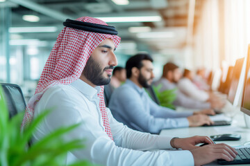 group of employees working in modern office environment, focused on their tasks at computers. atmosphere is professional and collaborative, with natural light enhancing workspace