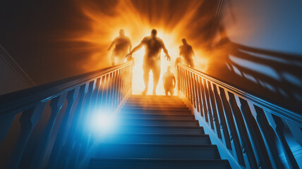 Obraz premium Eerie figures emerge from glowing portal at top of staircase, creating haunting atmosphere. scene evokes sense of mystery and suspense, perfect for horror theme
