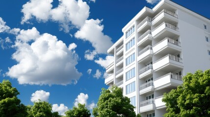 Bright sunny day showcases tall white apartment building surrounded by lush green trees under puffy clouds in a clear sky