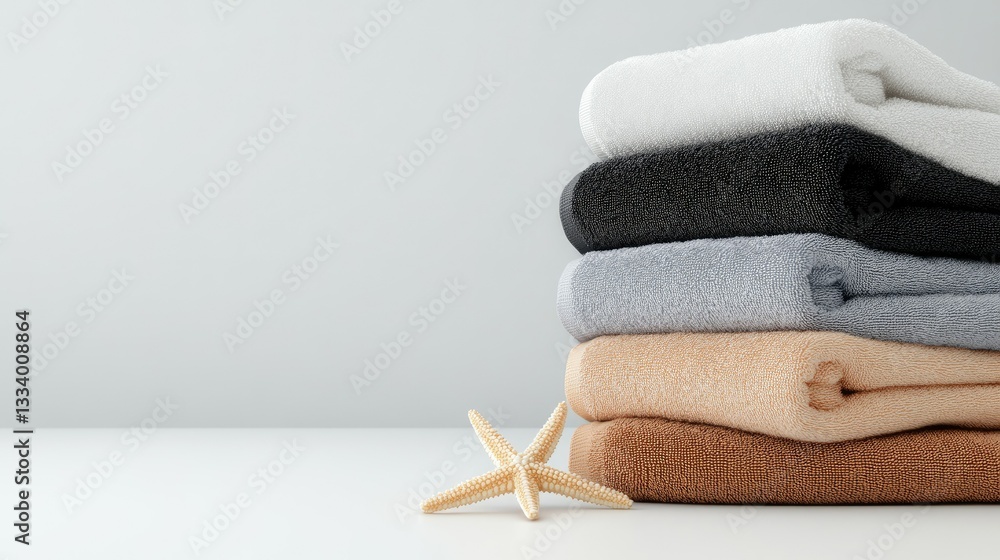Poster stacked towels in neutral colors with a starfish on a clean surface creating a serene and organized 