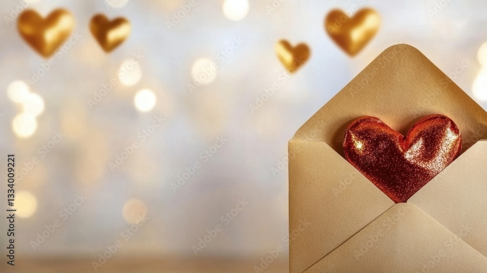 Poster a glittering heart sits partially out of a stylish envelope while golden hearts float softly in the 