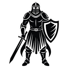 Medieval Knight Silhouette Vector with Sword and Shield, Knight in armor holding a sword and shield
