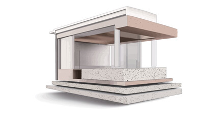 A 3D rendering of a cutaway architectural model. The image displays a cross-section of a contemporary building, revealing its internal structure and various materials used in its construction.  The