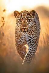 Fototapeta premium Majestic Leopard Walking Through Golden Grasslands During Sunset, Showcasing Striking Spots and Powerful Presence in Natural Habitat