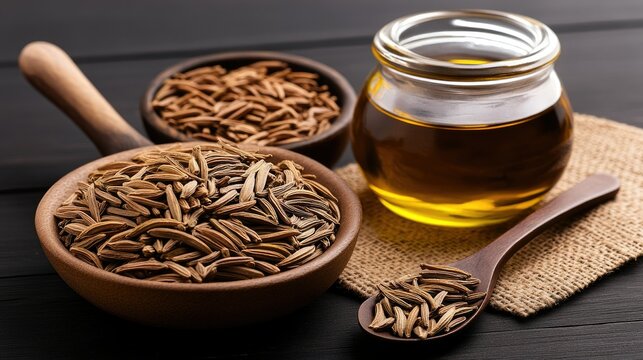 Jars and bowls filled with cumin seeds and oil displayed on a wooden surface in a cozy kitchen setting