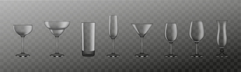 Transparent Glassware on Checkered Background Vector Set