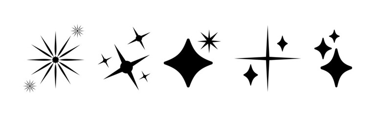Set of shine, sparkle stars on white background. Sparkle star minimalist symbols. Shine retro icon. Flat blink twinkle, sunburst star trendy shapes. Magic light flare, bright flash star. Shining glow.
