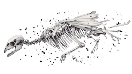 Naklejka premium A detailed grayscale pencil sketch depicting the skeleton of a bird in mid-motion, seemingly disintegrating into small, scattered particles. The skeleton is rendered with high detail, showcasing