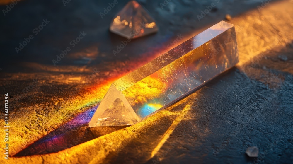 Poster a clear prism diffracts light onto a textured surface with colors