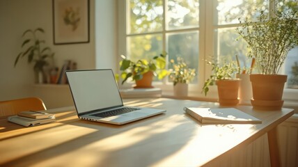 Fototapeta premium Bright Sunlight Illuminates a Home Workspace with Laptop and Houseplants