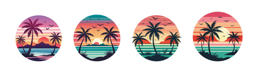 Tropical Sunset Illustrations with Palm Trees Vector Set