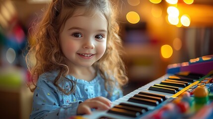 Toddler girl playing keyboard indoors, festive lights