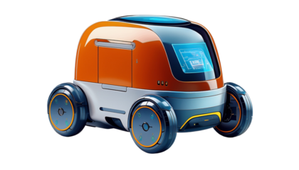 Autonomous Delivery Robot, a small, self-driving delivery robot with wheels, a digital display, and a cargo compartment, isolated on transparent background